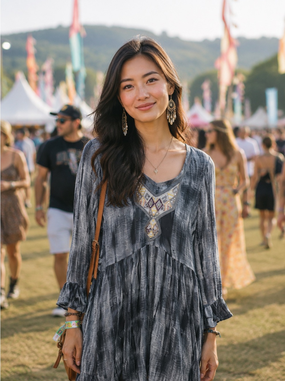 FREE PEOPLE Boho Gray Long Sleeve Viscose Tye Dye Mini Dress Size Small
